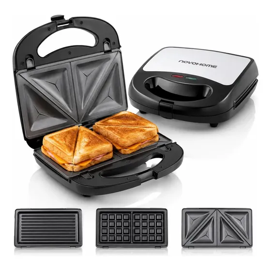 Sandwichera Waflera Parrilla Grill 3 En 1 Novohome Placas Antiadherentes Removibles Intercambiables Color Plateado Negro
