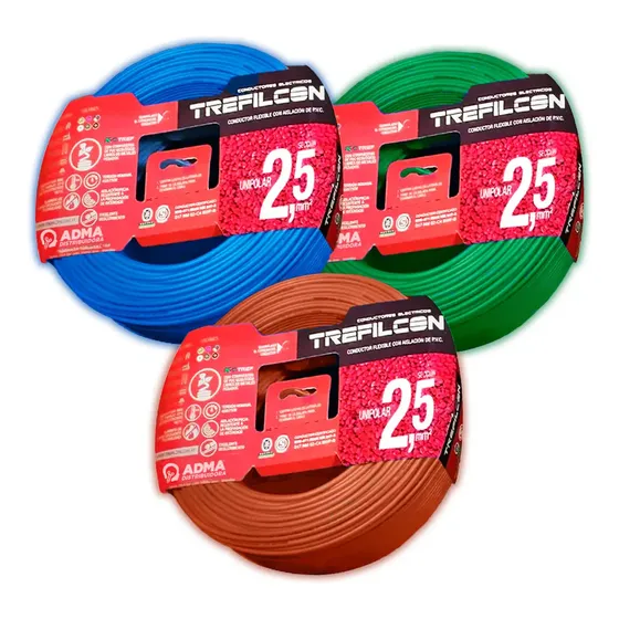 Cable Unipolar 2.5mm Trefilcon Pack X 3 Rollos De 50 Mts Cubierta Marrón, Celeste, Verde