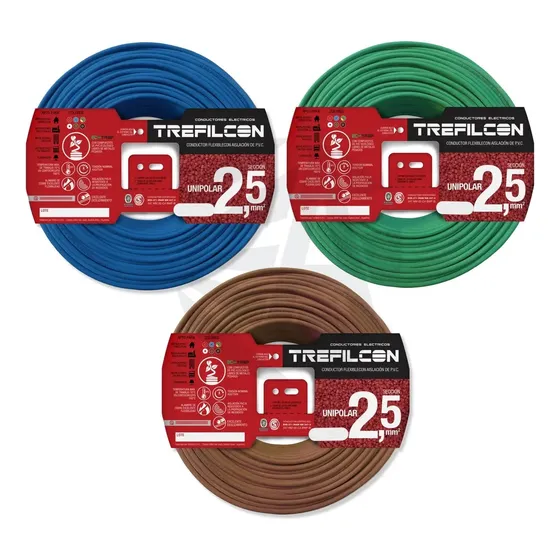 Cable Trefilcon 2.5mm Pack X3 Rollos de 50 Mts cada uno - Celeste, Marron y Verde-Amarillo