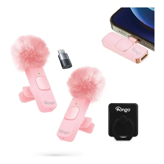 Micrófono Inalámbrico Corbatero Para Celular Ringo x2 Cubreviento Receptor USB-C y Adaptador Lightning Ideal Streaming Para Creadores de Contenido Influencers Color Rosa