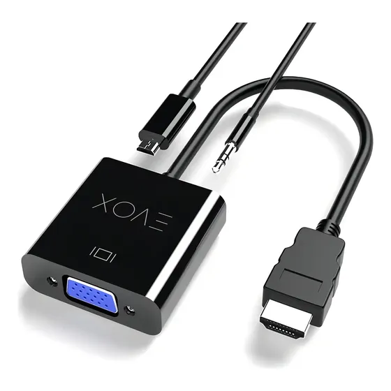 Adaptador Hdmi Macho a Vga Hembra Con Audio Evox - Full HD 1080p 60 Hz - Cable 20cm + Auxiliar 3.5 - Conversor PC HDMI a Monitor VGA - Para Pc / Notebook / Proyector / Camara / Seguridad - CAPBA
