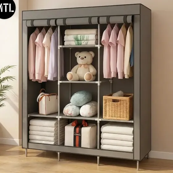 Armario Portatil Organizador De Ropa Plegable Mtl Color Gris Con Estantes Poliester Antihumedad Facil Armado Resistente Guardarropa Closet Perchero Hogar