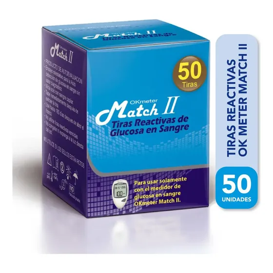 50 tiras de medición de glucosa para glucometro Ok Meter Match II