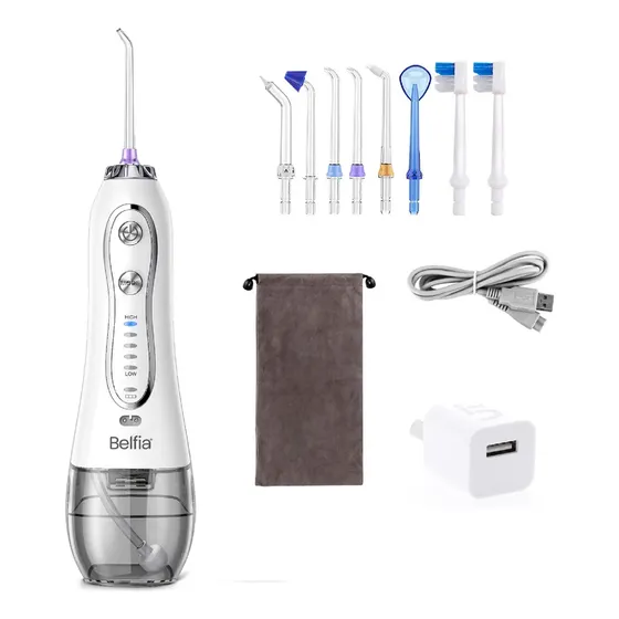 Irrigador Bucal Belfia HF6 Water Flosser 5 Niveles 8 Picos 300ml Ducha Dental Hilo Dental Limpieza Oral Profunda Para Brackets Ortodoncia Implantes Gingivitis Sarro Mal Aliento