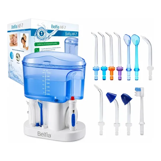 Irrigador Bucal Dental Oral Belfia HF7 1000ml 11 Picos Water Flosser Familiar Para Brackets Ortodoncia Implantes Gingivitis Sarro Limpieza Dental Profunda Sobremesa Alta Presión