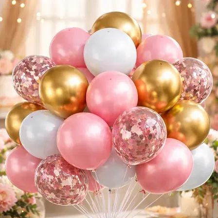 Set Combo De Globos Látex Confetti Chrome X30 Unidades Deco Rosa Dorado
