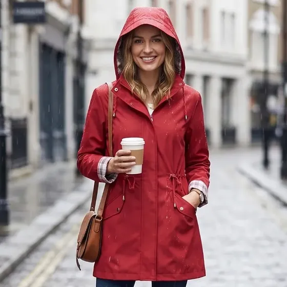 Piloto Impermeable Largo Con Capucha Cintura Ajustable Cierre Y Botones Bolsillos Mujer
