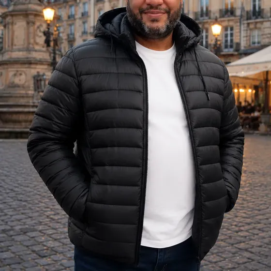 Chaqueta Acolchada T1 Para Hombre, Talla Grande, Negra, Capu