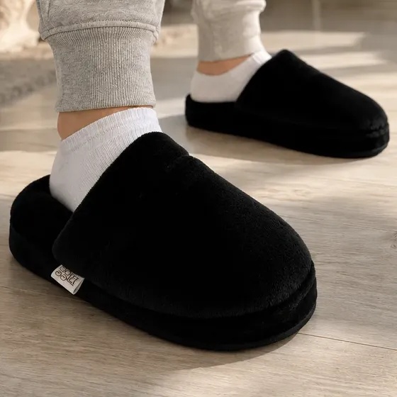 Pantufla Hombre Polar Negro Espumon Abrigados Mujer Relax