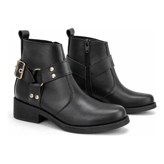 Bota Texana Mujer Caña Baja Hebilla Cierre Negra Urbana Moda