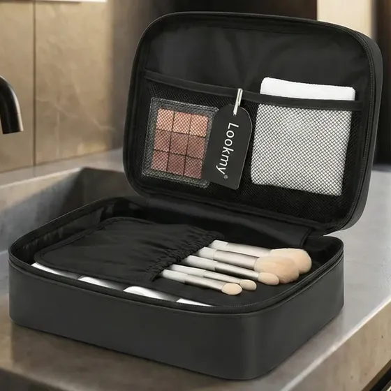 Neceser viajero negro Lookmy | portacosmético necessaire organizador valija o bolso | porta maquillaje y cosméticos impermeable para mujer hombre | ideal maleta, gym, fin de semana, avión