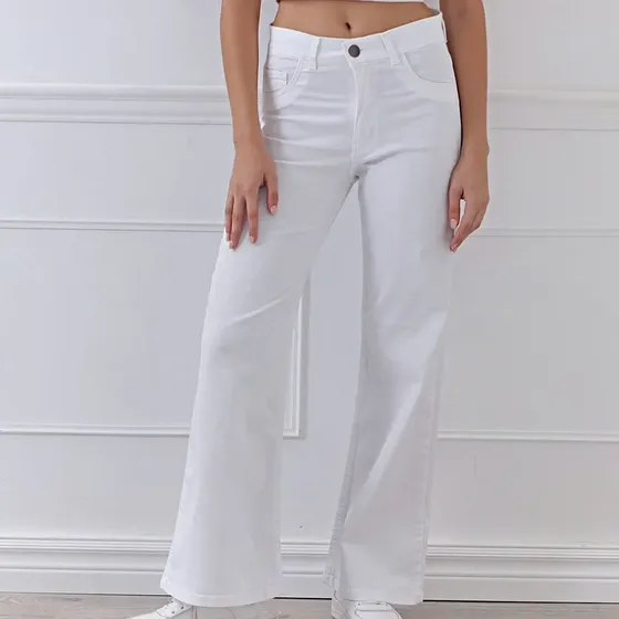 Jean Wide Leg Elastizado De Mujer Clásico Tiro Alto Blanco