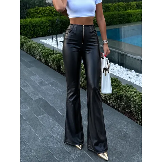 Pantalón Mujer Acampanado Cuero Sintético Tiro Alto
