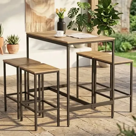 Set de Mesa y 4 Banquetas Jazak para Bar, con Diseño Industrial Minimalista en Hierro y Madera MDF