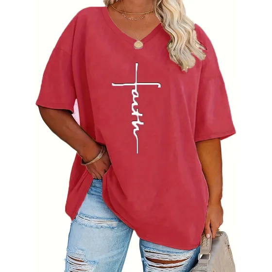 Remera Cuello V Oversize Estampado Cruz Mujer