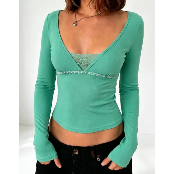 Remera Manga Larga Mujer Cuello V Con Encaje