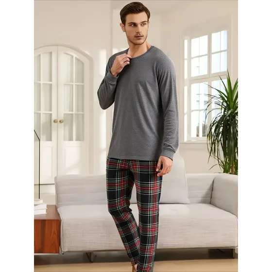 Conjunto De Pijama Tipo Pantalón De Manga Larga Y A Cuadros