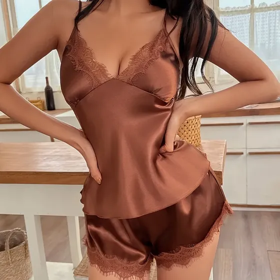 Pijama De Raso Con Encaje Para Mujer 2 Piezas