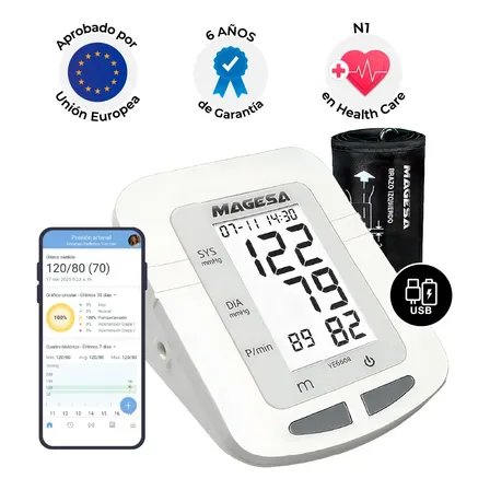 Tensiómetro digital brazo medidor presión auto Magesa color blanco Ye660b 4 pilas AA, USB