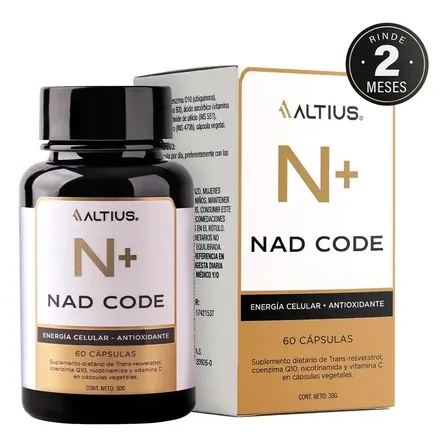 Trans-Resveratrol 150 mg Altius NAD Code Coenzima Q10 100 mg Vitaminas B3 y C 60 Cápsulas Vegetales 2 meses