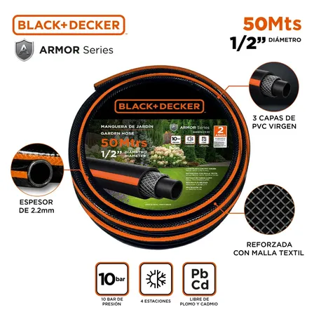 Manguera Riego Black + Decker 1/2 50m Reforzada Pvc Virgen Mallada Con Proteccion Uv 3 Capas