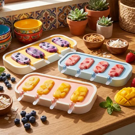 Moldes Silicona Helados Palitos Incluidos 4 Paletas Freezer Ice Pop Frutilla Naranja Dulces Caseros Chicos Verano Pileta Cumpleanos Fiestas Colores Surtidos Reposteria Cocina Hogar