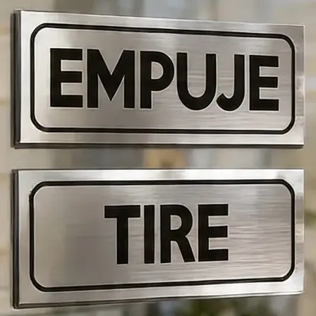 Cartel Acrílico Tire Empuje 15x6 Cm Simil Metal Cepillado Plata Cepillado