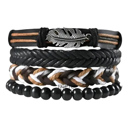 Set Pulseras 4 En 1 Brazalete Cuero Hombre Mujer Color Bruma Diámetro 8 Cm Largo 20 Cm