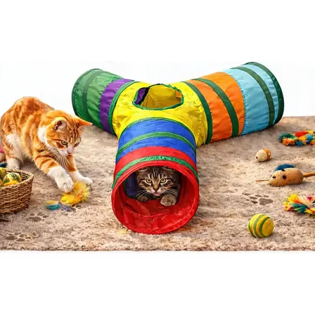 Petcom Juguete Tunel Multicolor Gato Mascota 30 X 80x 25 Cm