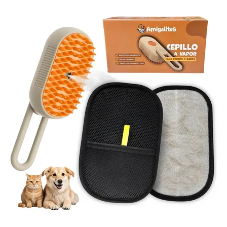 Combo Cepillo A Vapor + Guante Quita Pelos Perros Gatos