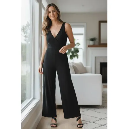 Mono Jumpsuit Negro Escote Cruzado Elastizado Importado