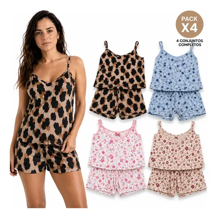 Pijama Mujer Conjunto Pack X4 Estampado Talles Xs - Xxxl