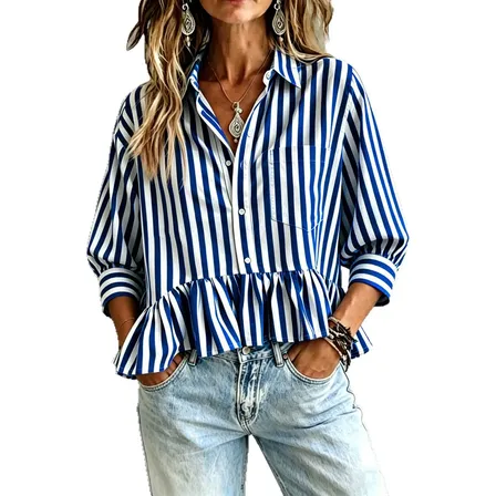 Camisa Corto Mujer Rayas Con Volantes Para Oficina