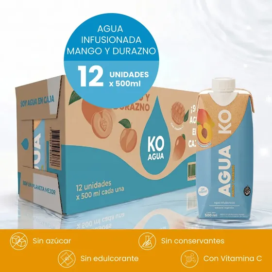 Ko Agua Sabor Mango Durazno Saludable Caja Cartón Sustentable 500 ml Pack x 12 Unidades