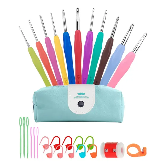 Kit Set Crochet Para Tejer Costura Accesorios Agujas Estuche Color Celeste