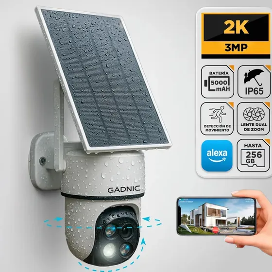 Cámara de Seguridad Solar Gadnic Lente Dual 2K Conexion Inalambrica Panel Solar Visión Nocturna Visión 120 App Móvil