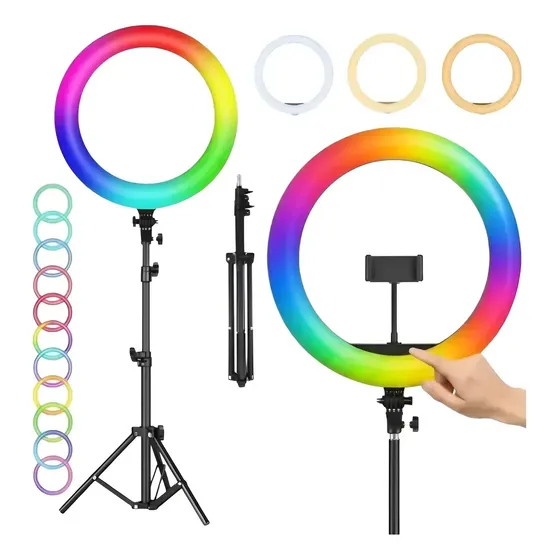 Aro De Luz Led Aitech 30cm Rgb Tripode 1.5m Control Remoto 8 Niveles Intensidad Selfie Maquillaje Streaming Tiktok Video Fotografia Ring Light Regulable Usb Profesional Colores Calida Fria Neutra