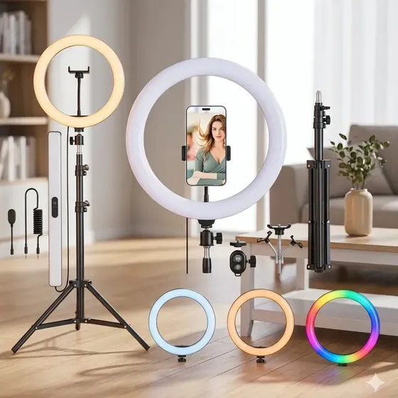 Aro De Luz Para Celular Camara Soporte Tripode Extensible Luz Fria Y Calida Neutra Rgb 30 Cm - 2.1 Metros Selfie Flash Tiktok Profesional Premium Combo Kit Anillo De Mesa Fotografia 360 Rotacion