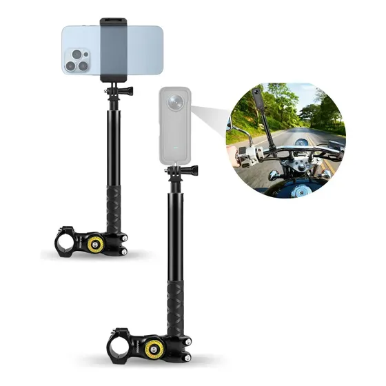 Soporte Para Moto Para Cámaras Gopro Insta360 Dji Osmo + Baston Invisible Rosca 1/4 Con Cabezal Y Adaptador De Celular Marca Raion