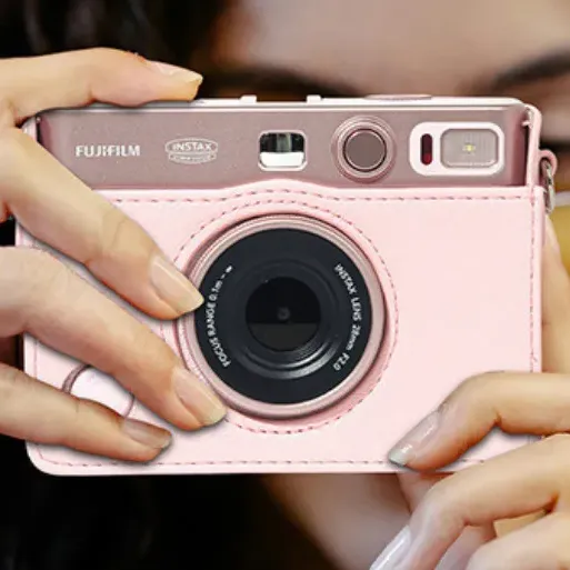 Kit Instax Mini Evo Rosa: Funda Piel Retro + Portarretrato A