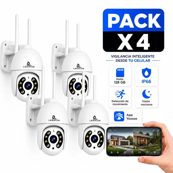 Pack x4 Cámaras IP Legatus JT-8163QJ WiFi PTZ, Full HD 3MP para Exterior, Visión Nocturna Color y Audio Bidireccional