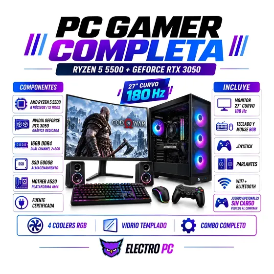 Pc Gamer Completa Ryzen 5 5500 Rtx 3050 16gb 500gb + Juegos