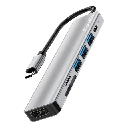 Multipuertos 7 en 1 Carrello - HUB USB-C para Notebook Macbook con HDMI 4k USB 3.0 Tarjetas SD TF Alta Velocidad Color Plata