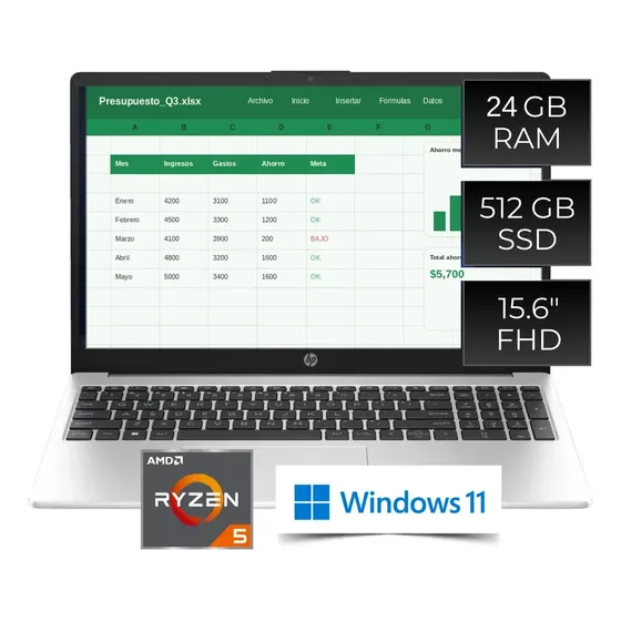 Notebook HP 255 G10 con Ryzen 5 7535U, 24 GB RAM y SSD de 512 GB