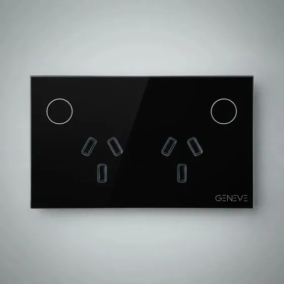 Tomacorriente Doble Smart Geneve Wifi App Tuya Tapa Vidrio Color Negro