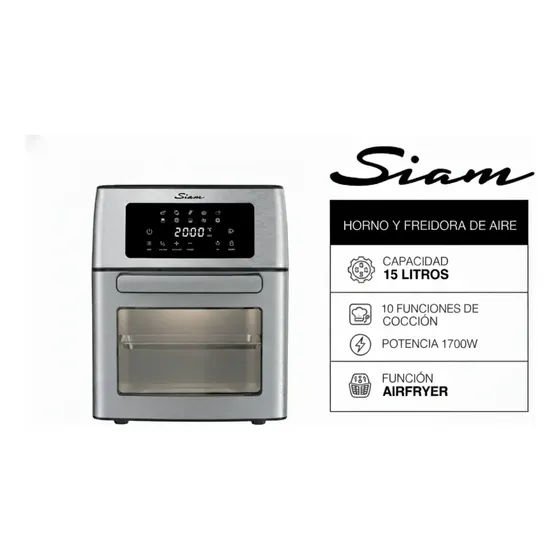Horno y Freidora De Aire Control Digital Siam 15l 1700w Doble Vidrio