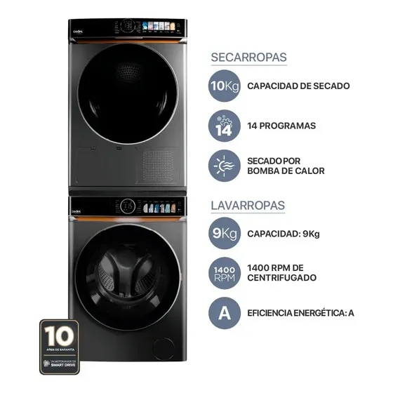 Torre De Lavado Codini Lavasecarropas 9kg/10kg Inverter A Gris Oscuro