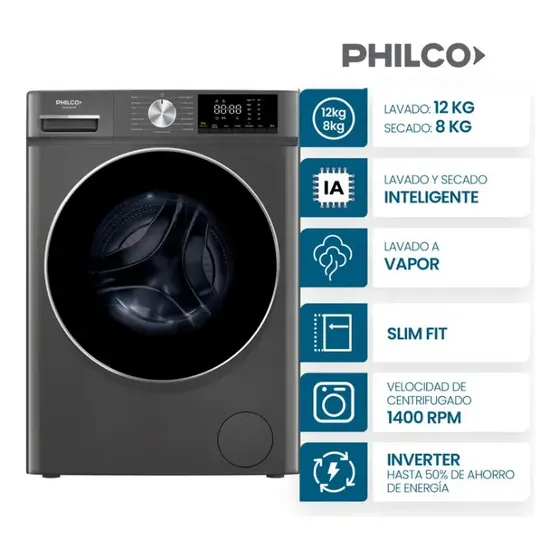 Lavasecarropas Philco Carga Frontal 12/8 Kg Inverter Titanium Gris oscuro