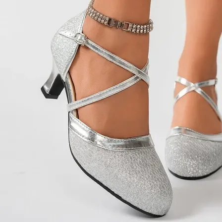 Zapatos De Baile Latino Para Mujer Taco Bajo Plateado 37 Eu