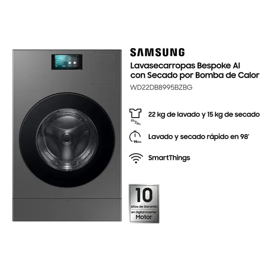 Lavasecarropas Samsung Bespoke AI de 22Kg de lavado y 15Kg de secado Gris
